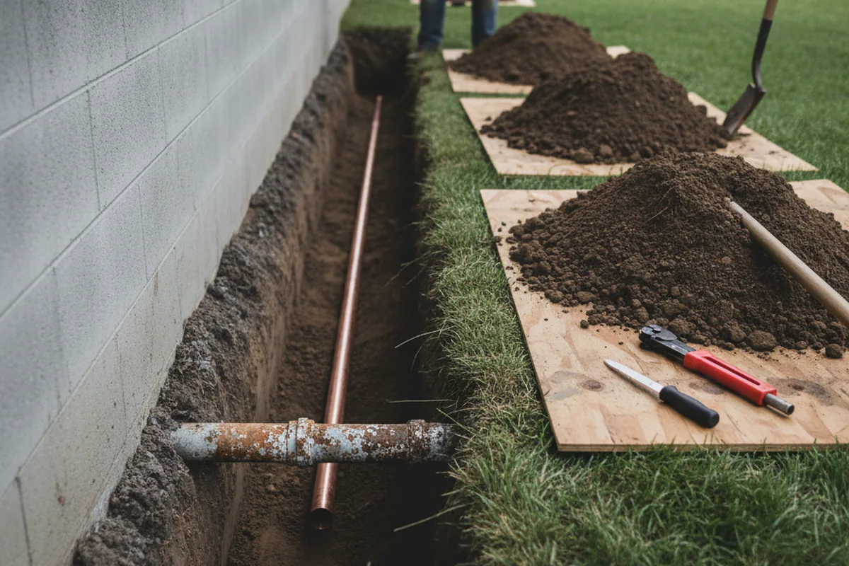 Excavated water line trench during Water Heater Repair in Newark
